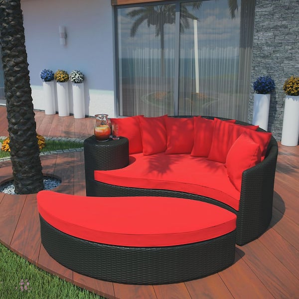 Quest Wicker Rattan Outdoor Patio Canopy Sectional Daybed with Cushion in Espresso Turquoise