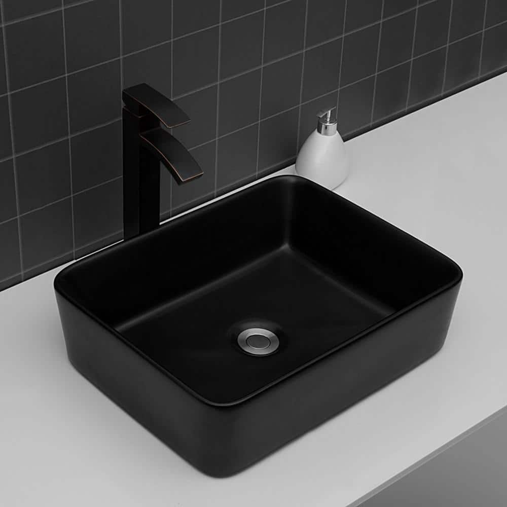 19 in. x 15 in. Black Ceramic Rectangular Bathroom above Counter Vessel Sin