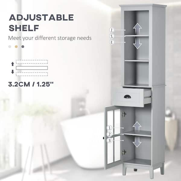 kleankin Slim Bathroom Storage Cabinet, Floor Standing Bathroom Organizer,  Linen Tower with Open Shelves and Glass Door, Gray