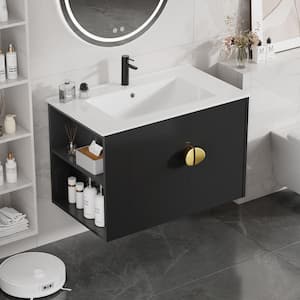 30 in. W x 18 in. D x 19 in. H Floating Bath Vanity in Black with White Ceramic Top Basin, Left Open Shelf