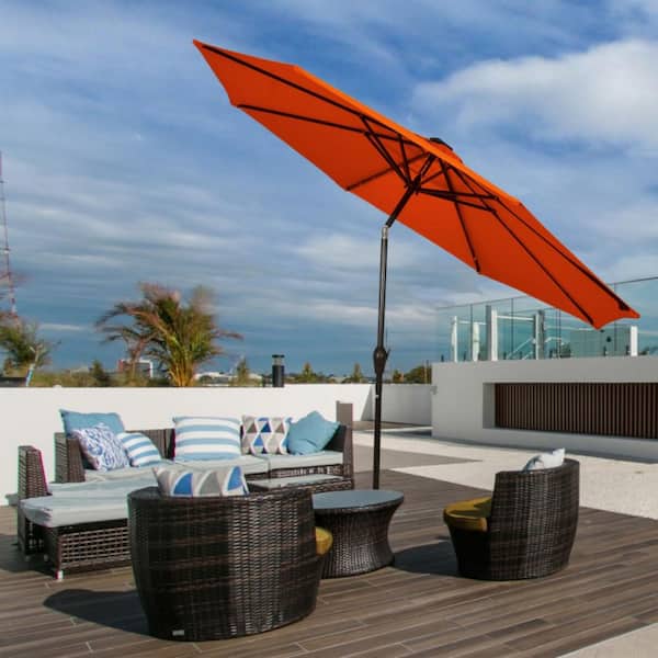 10 ft. Iron Market Solar LED Lighted Tilt Patio Outdoor Umbrella in Orange with Crank