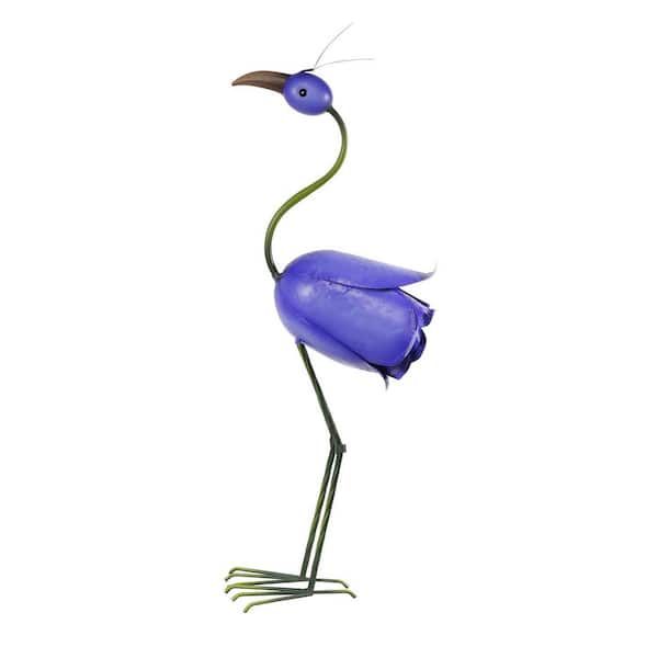 33 in. Blue Iron Rose Flamingo Statue
