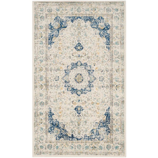 SAFAVIEH Evoke Doormat 3 ft. x 5 ft. Ivory/Blue Distressed Border Medallion Area Rug