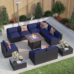 Dark Brown Rattan Wicker 9 Seat 12-Piece Steel Outdoor Fire Pit Patio Set with Blue Cushions and Square Fire Pit Table