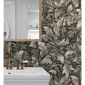 30.75 sq. ft. Charcoal Grey Acanthus Trail Vinyl Peel and Stick Wallpaper Roll