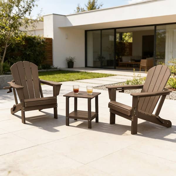 3-Piece HDPE Adirondack Patio Set with Folding Chairs and Double-Tier Side Table, Brown