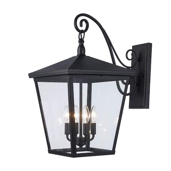Buxton Extra Large 23.5 in. 4-Light Black Outdoor Hardwired Wall Lantern Sconce with Clear Glass and No Bulbs Included