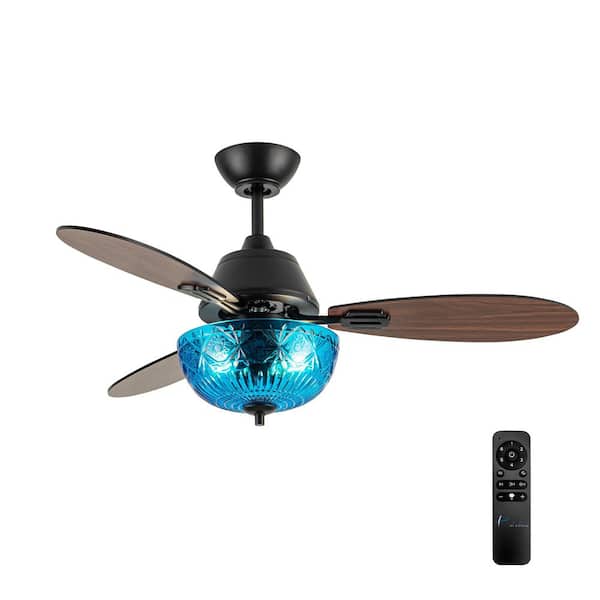Paige 42 in. 2-Light Indoor Black Ceiling Fan with Blue Hand-Cut Glass Bowl Shade and Remote Control