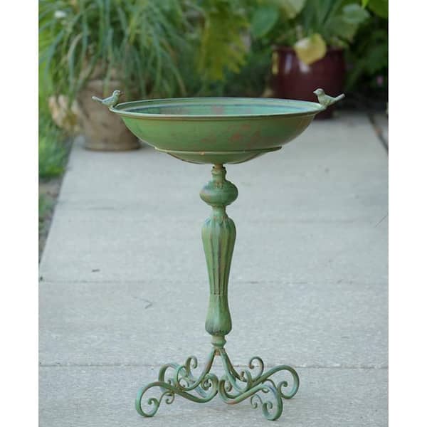 Iron Pedestal Birdbath with Little Bird Detail in Antique Green