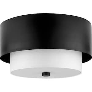Silva Collection Two-Light Matte Black White Linen Shade 14 in. Flush Mount No Bulbs Included