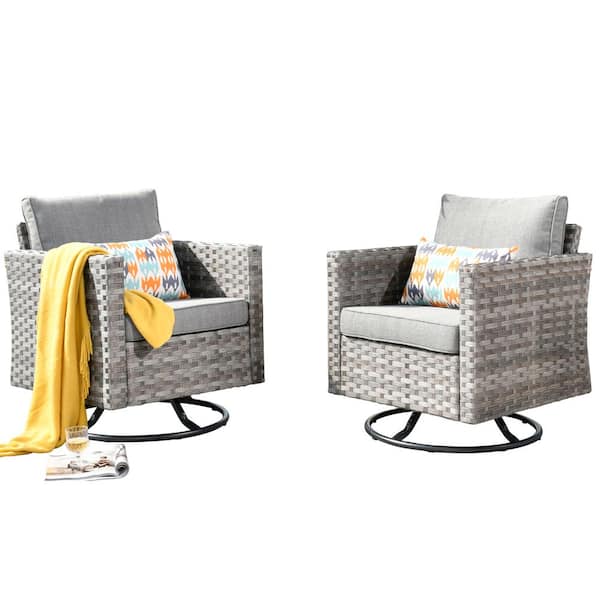Tahoe Grey Swivel Rocking Wicker Outdoor Patio Lounge Chair with Grey Cushions (2-Pack)