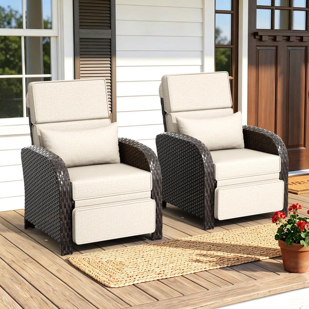 2-Piece Brown Wicker Outdoor Patio Recliner Chair Adjustable Backrest with Beige Cushions price history on PriceWatchPro