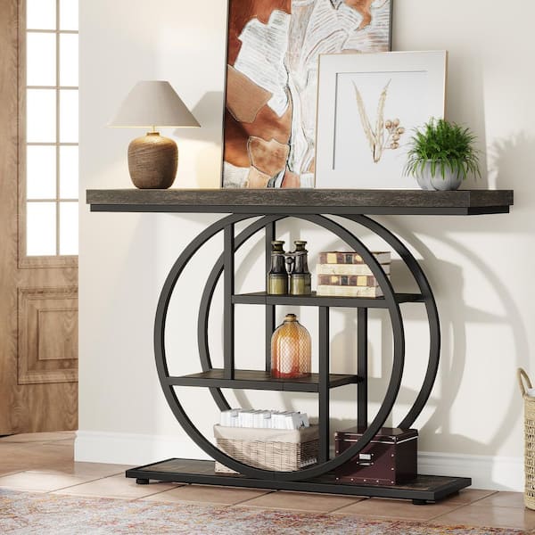 Turrella 41.3 in. Black Rectangle Wood Console Table, Industrial 4-Tier Sofa Table Entryway Table with Circle Base