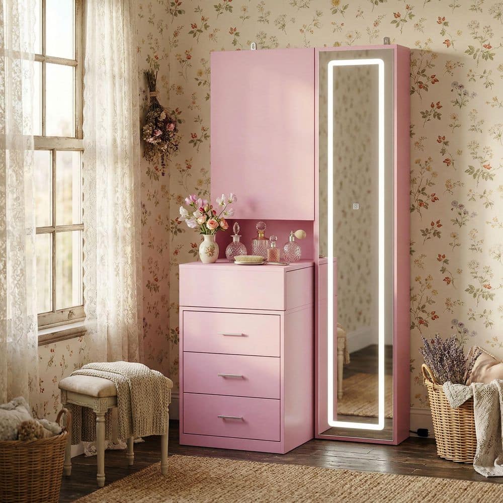 FUFU&GAGA Pink Makeup Vanity Desk Wood Dressing Table With Sliding Top,  Full-Length Mirror, Hidden Shelves, Drawers, LED Lights KF460025-03 - The  Home ...