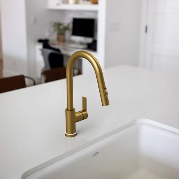 Pull Down Sprayer Kitchen Faucet 1.8 GPM with LED Light, 15.9" Height, 360° Swivel Spout Faucet in Brushed Gold