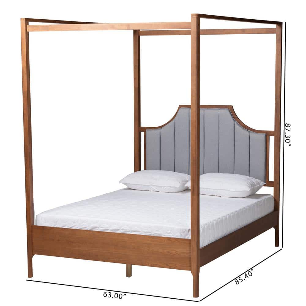 Ash Walnut and Light Grey Fabric Upholstered Queen Canopy Bed with Tufted Headboard