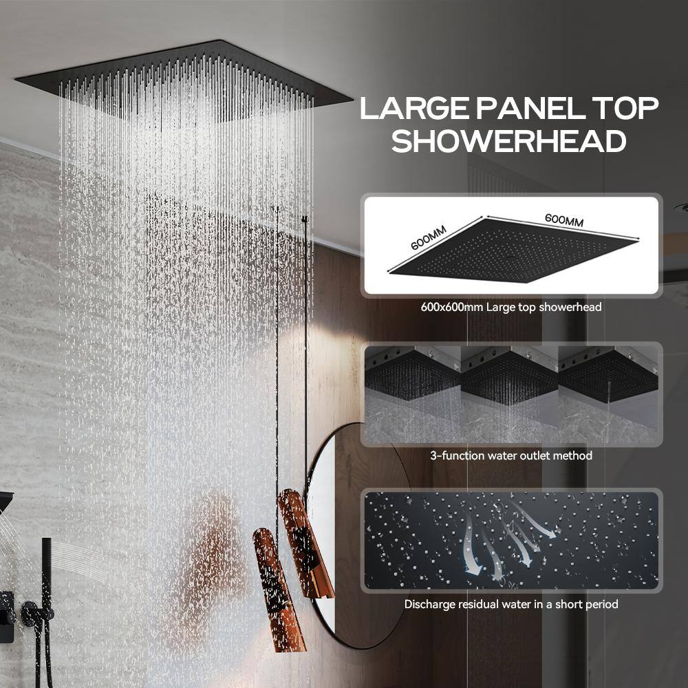 Matte Black Thermostatic Shower System with Rainfall and Jet Functions