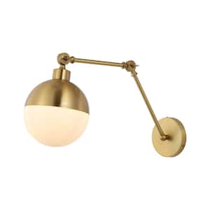 Alba 8 in. 1-Light Brass Gold/Frosted Mid-Century Modern Arm-Adjustable Iron/Glass LED Sconce