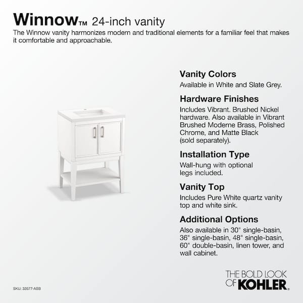 KOHLER Winnow 24.12in. Single Sink Freestanding White Bath Vanity with White Quartz Top Assembled