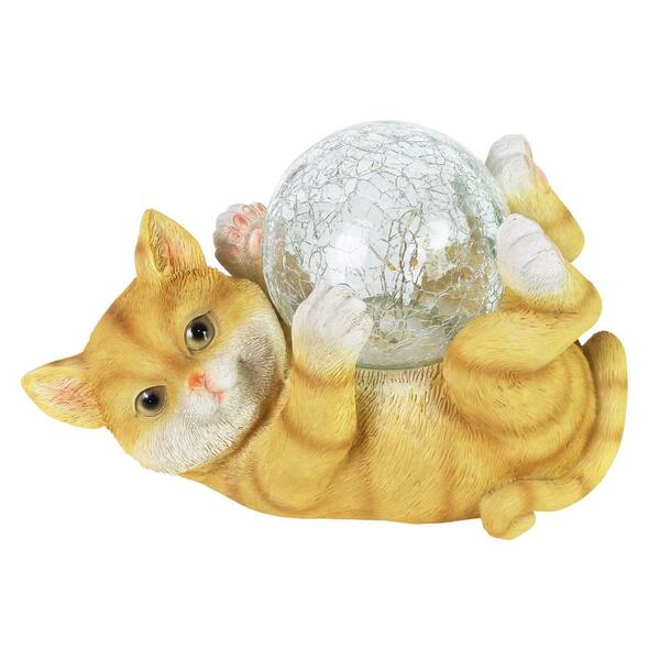 Exhart 10.5 in. x 7.5 in. Solar Cat Playing with LED Crackle Ball Garden Statue