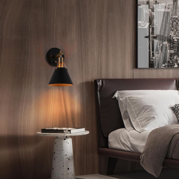Granville Collection 1-Light Matte Black & Vintage Gold Wall Sconce with Bell Shade Modern Damp-rated Bath Vanity Light