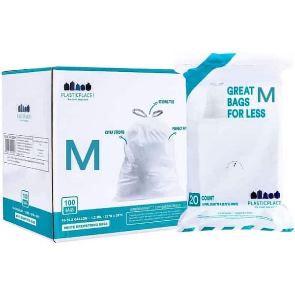 Plasticplace 12 Gallon White Drawstring Garbage Liners simplehuman* Code M  Compatible 21.5 in. x 30.75 in. (20 Count/5 Pack) TRA222WH - The Home Depot