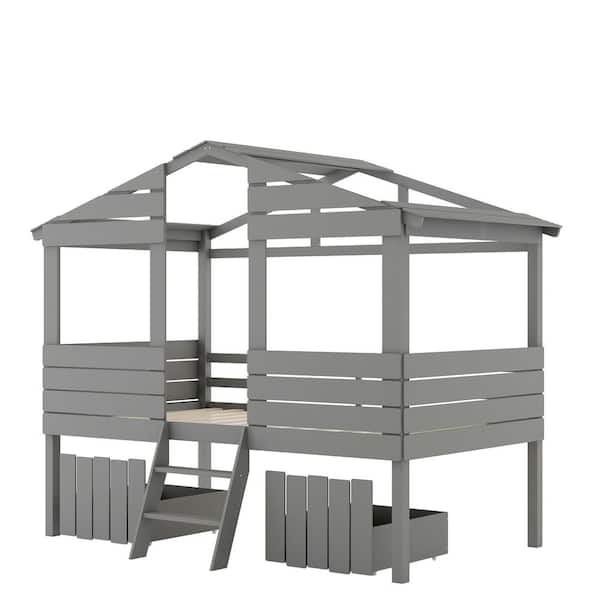 aisword Gray Twin Size Loft Bed with 2-Drawers, Windows and Roof Design