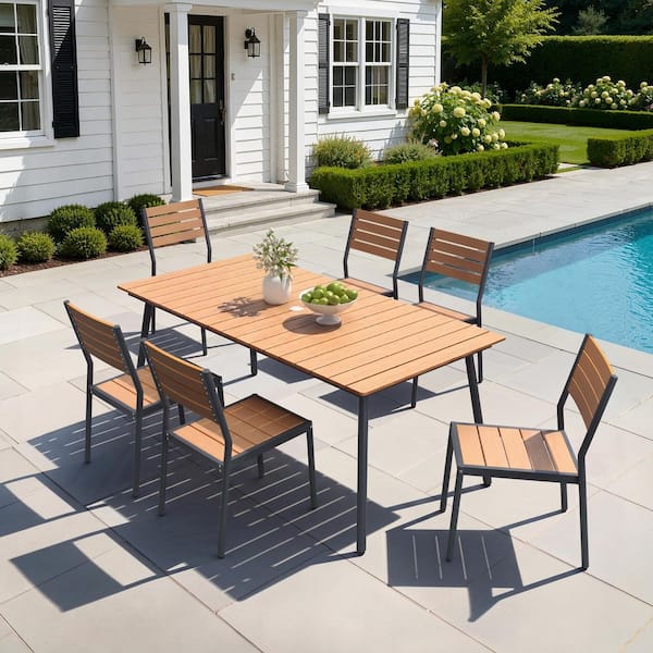 7-Piece Brown 70 in. Aluminum Patio Outdoor Dining Set with Umbrella Hole and Stackable Dining Chairs