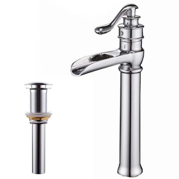 FORCLOVER Single Hole Single Handle Waterfall Bathroom Vessel Sink Faucet with Pop-up Drain Assembly in Polished Chrome
