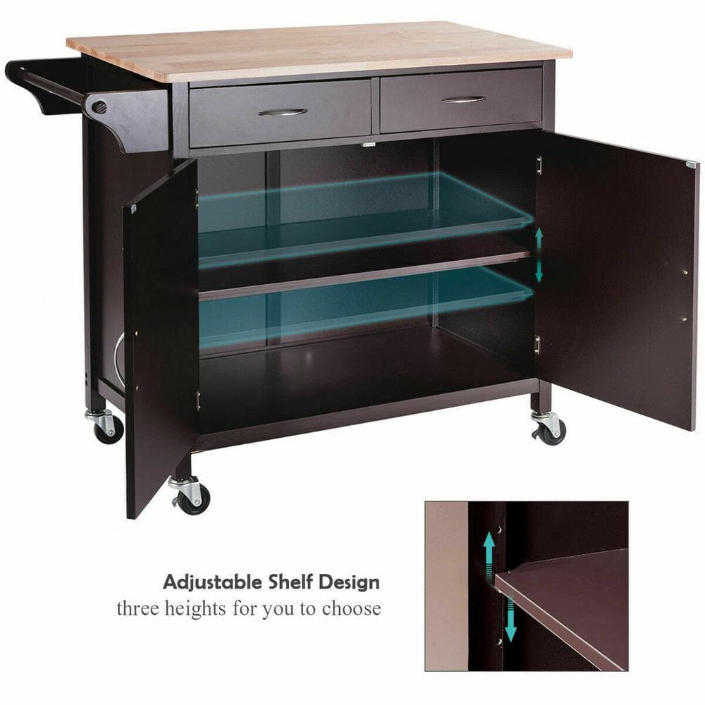 Modern Dark Brown Rolling Kitchen Cart with Wood Top and Storage