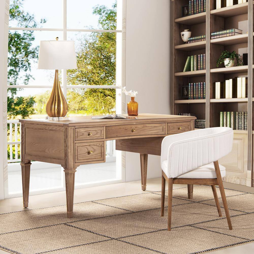 Natural Brown Wood Executive Desk with Gold Accents and Drawers