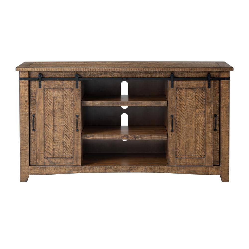 Rustic Pine and Black Metal Mesh 65" TV Stand with Cabinet