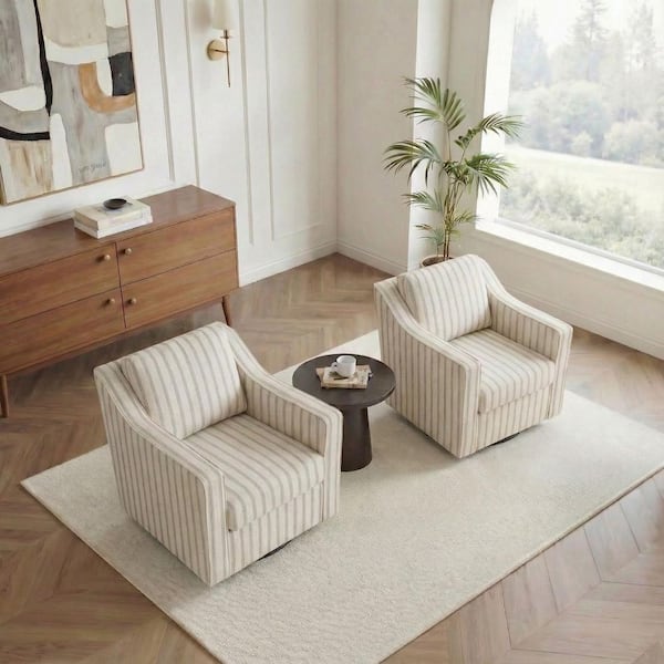 Uixe Modern Pinstripe Gray Linen Upholstered Swivel Accent Barrel