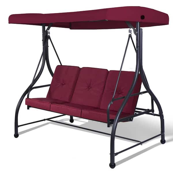 WELLFOR 3-Person Metal Patio Swing Hammock with Adjustable Tilt Canopy in Dark Red