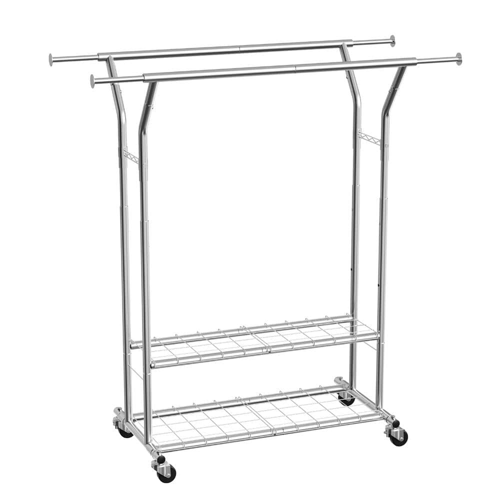 Black Steel Adjustable Width Height Clothes Garment Rack with Lockable Wheels, 2 Hanging Rods and 2 Storage Shelves price history on PriceWatchPro
