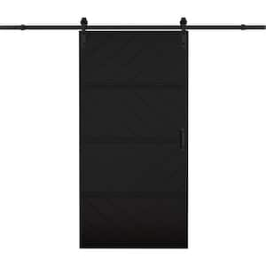 42 in. x 84 in. Paneled 4-Segments Wave Design Black MDF Sliding Barn Door Slab with Installation Hardware Kit