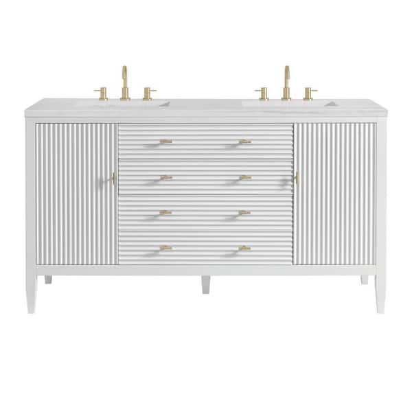 James Martin Vanities Myrrin 60.0 in. W x 23.5 in. D x 34.06 in. H Double Bathroom Vanity in Bright White with Arctic Fall Solid Surface Top