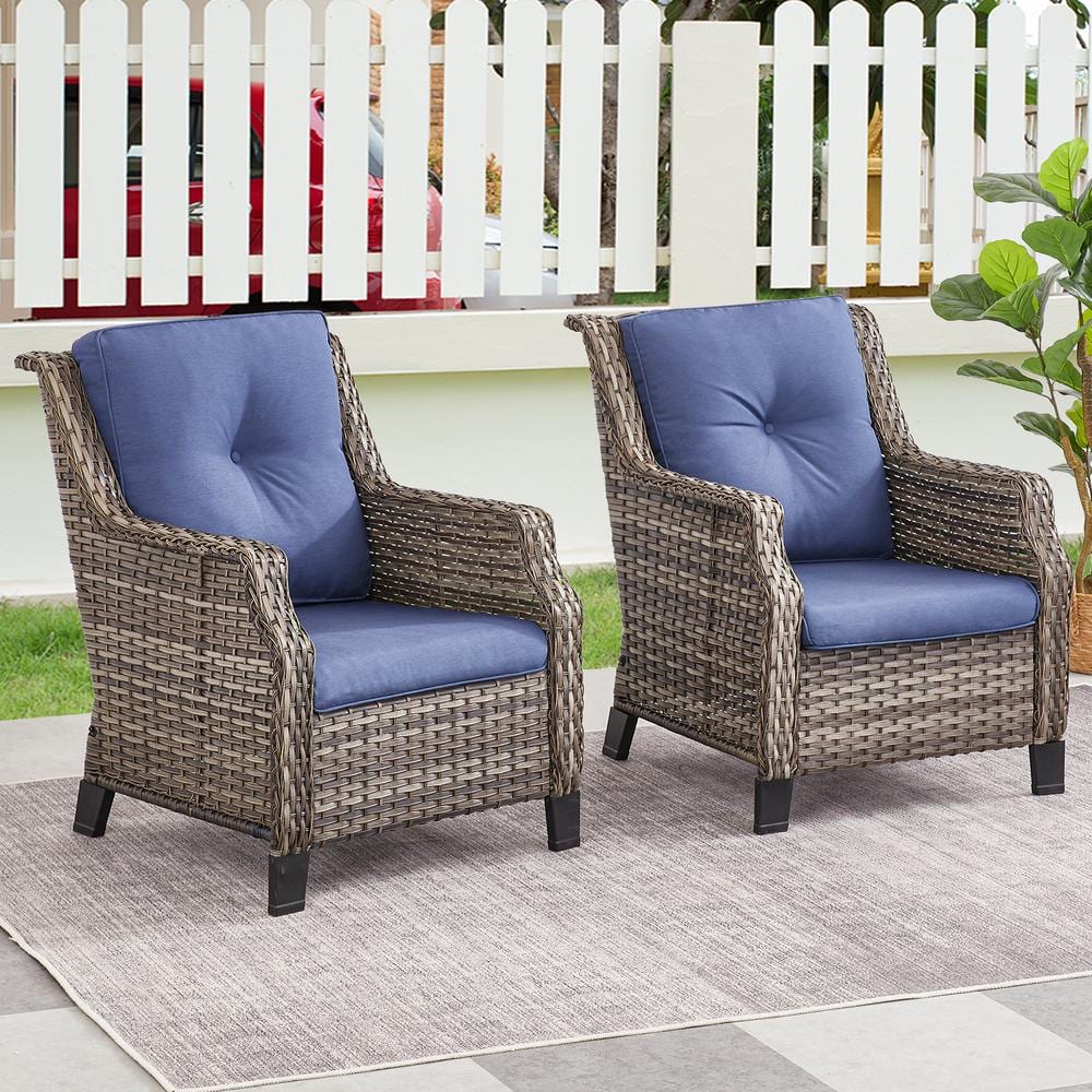 Gray Steel Wicker Lounge Chairs with Blue Cushions (2-Pack)