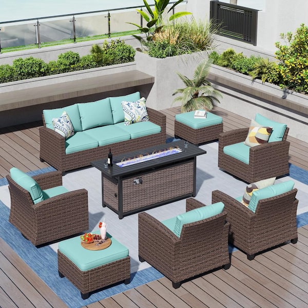 PHI VILLA Brown Rattan 9-Seat 8-Piece Steel Outdoor Fire Pit Patio Set with Blue Cushions,Swivel Chair,Rectangular Fire Pit Table