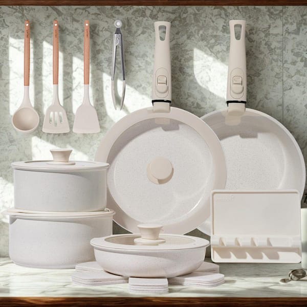 4 qt. Healthy Non-Toxic Non-Stick Ceramic Cookware Set 21-Piece w/ Detachable Handles, Stackable Frying Pan, Cream White