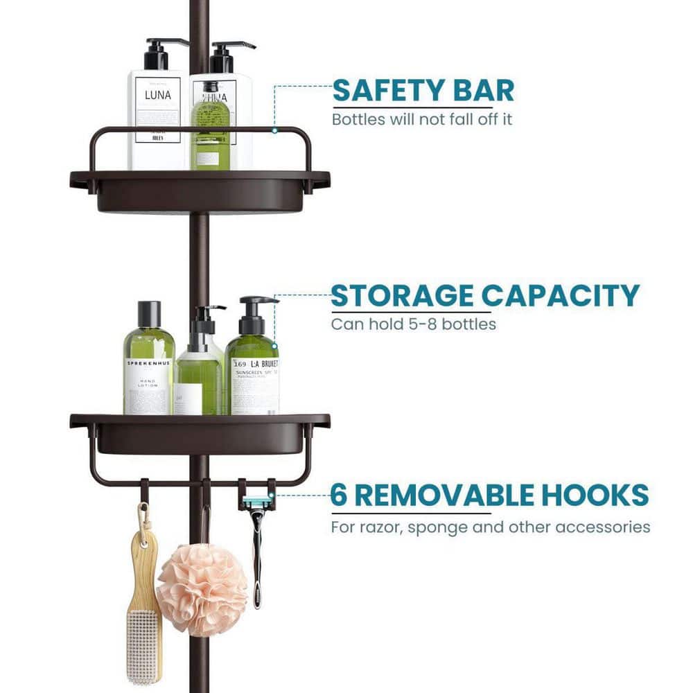 Brown 4-Tier Adjustable Metal Shower Caddy with Tension Mount
