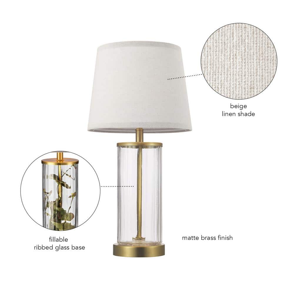 20" Clear Glass Table Lamp with Matte Brass Accents and Off-White Linen Shade