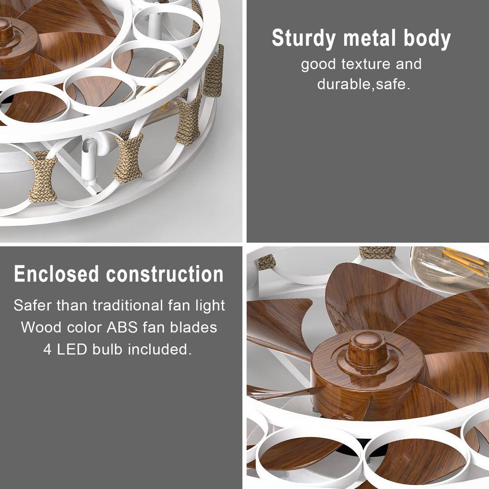 19.7" White Caged Ceiling Fan with Walnut Blades and Remote