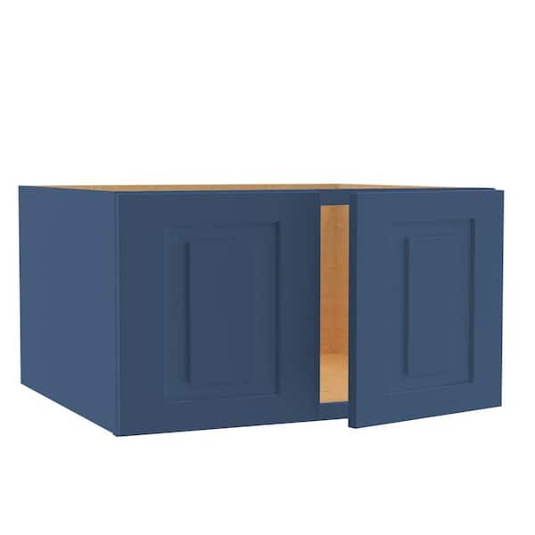 Home Decorators Collection Grayson 27 in. W x 24 in. D x 15 in. H Assembled Plywood Wall Bridge Kitchen Cabinet in Mythic Blue with Soft Close
