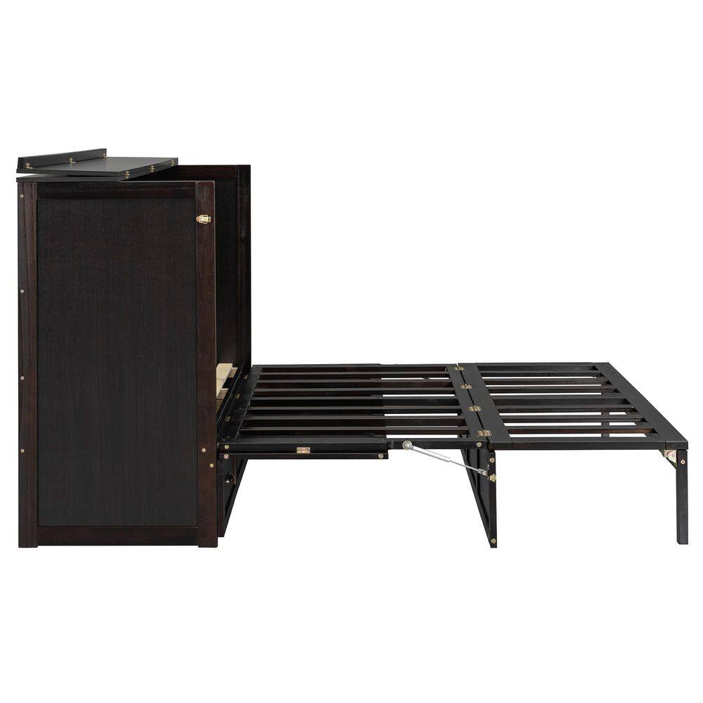 Brushed Gray Wood Frame Queen Size Murphy Bed with Large Drawers and USB - thumbnail 3