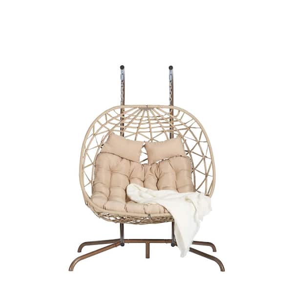 Zeus & Ruta 2-Person Light Yellow PE Rattan Wicker Steel Outdoor Rattan Hanging Chair with Khaki Cushions, Patio Egg Chair