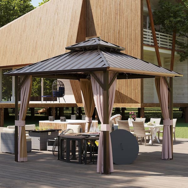 10 ft. x 10 ft. Aluminum Outdoor Double Galvanized Steel Roof Gazebo with Ceiling Hook, Mosquito Netting and Curtains