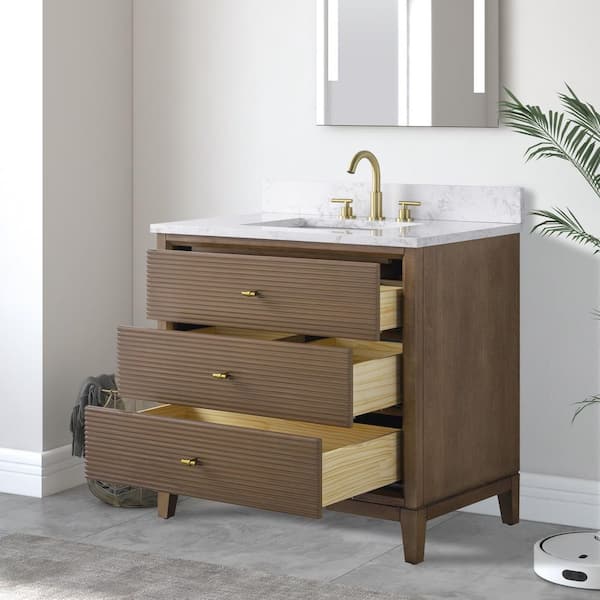 36 in. W x 34 in. H Single Sink Walnut Bath Vanity Cabinet with Arabescato White Engineered Marble Top