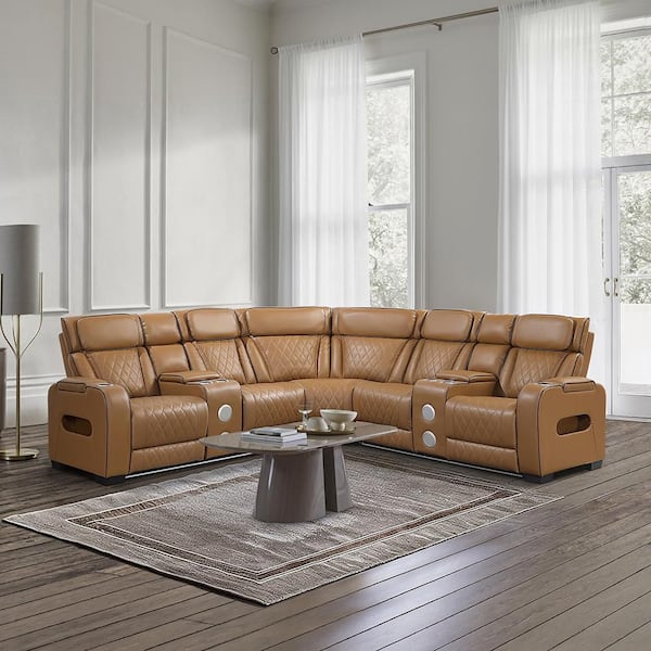 Clumber 118 in. Pillow Top Arm Faux Leather 3-Piece Power Reclining Sectional Sofa with Consoles in Brown