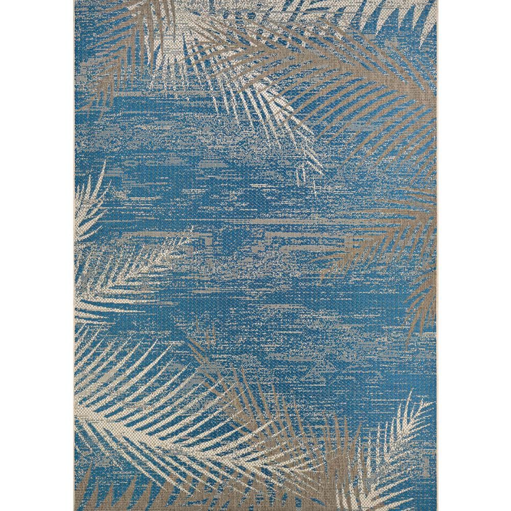 Ocean Blue and Beige Synthetic Geometric Indoor/Outdoor Area Rug